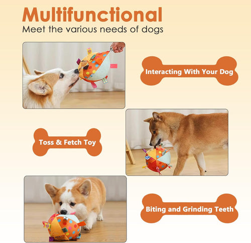 Dog Squeaky Plush Toy with Straps, 6-Inch Soft Stuffed Ball with Cotton Material and Bell Built-in, Pet Interactive Fetch Toy for Small to Large Dog
