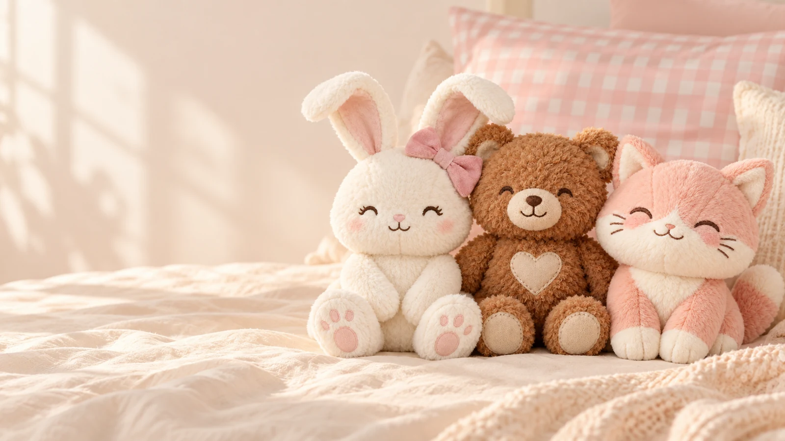 Rosie Ribbon Bunny, Honeyheart Bear, and Peaches Kitten in a sweet bedroom setting